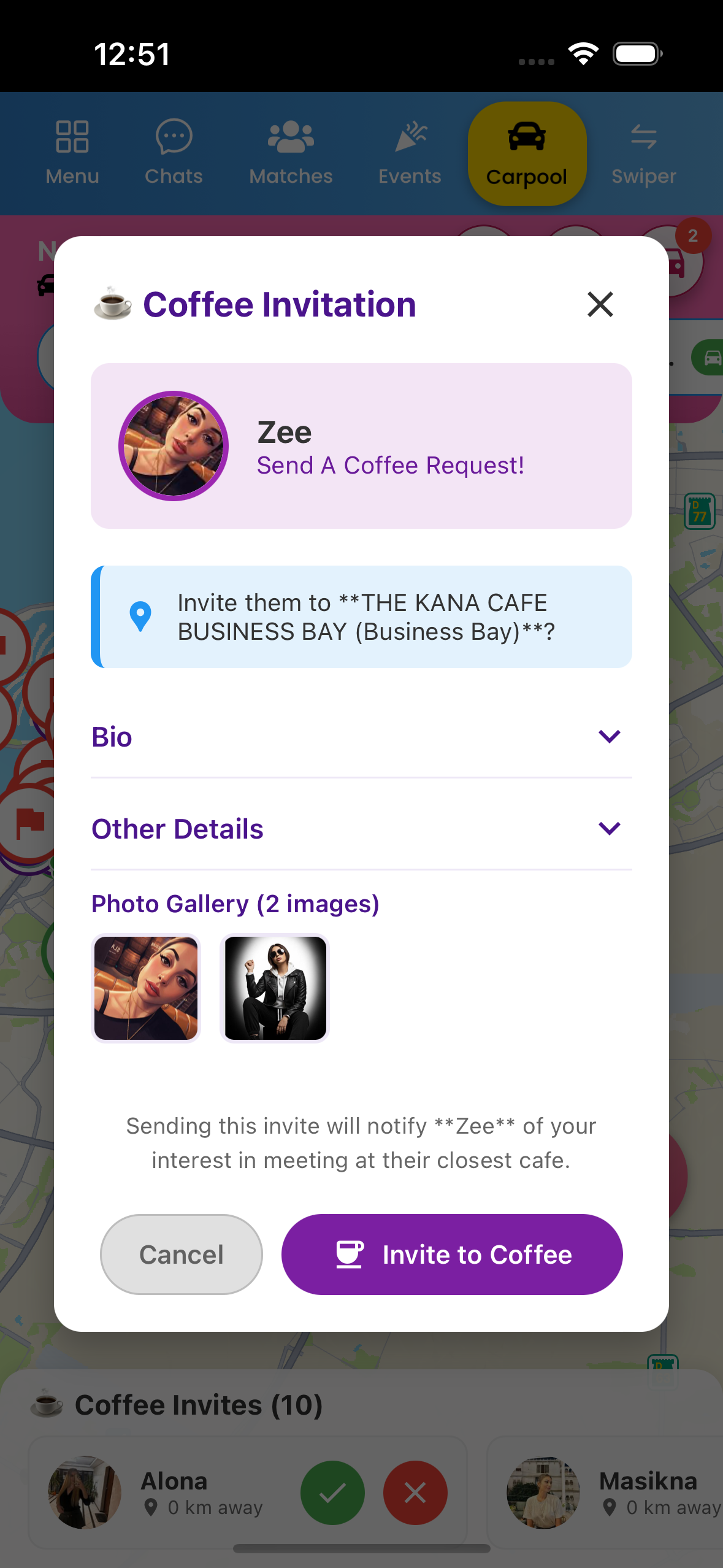 App screen showing event details with carpool option