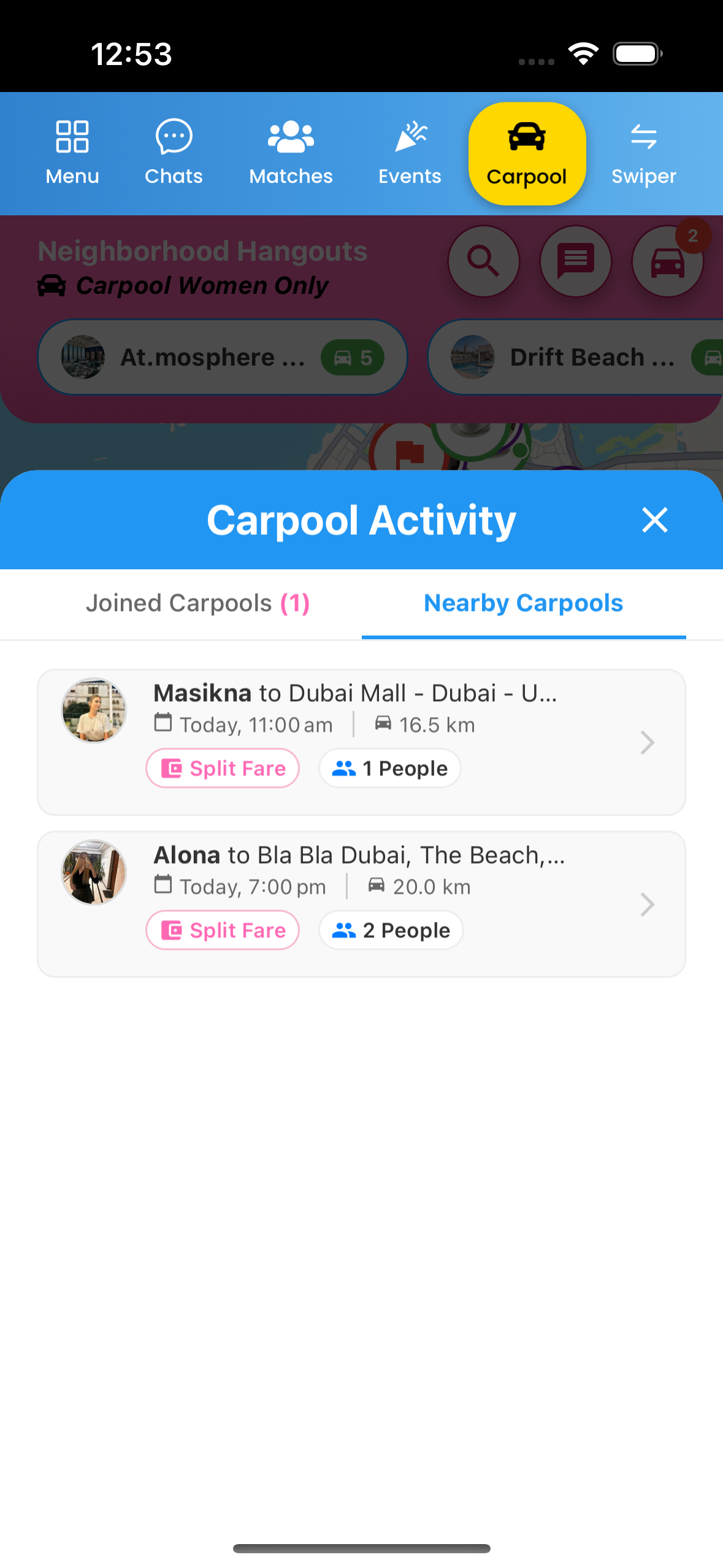 App screen showing carpool group chat